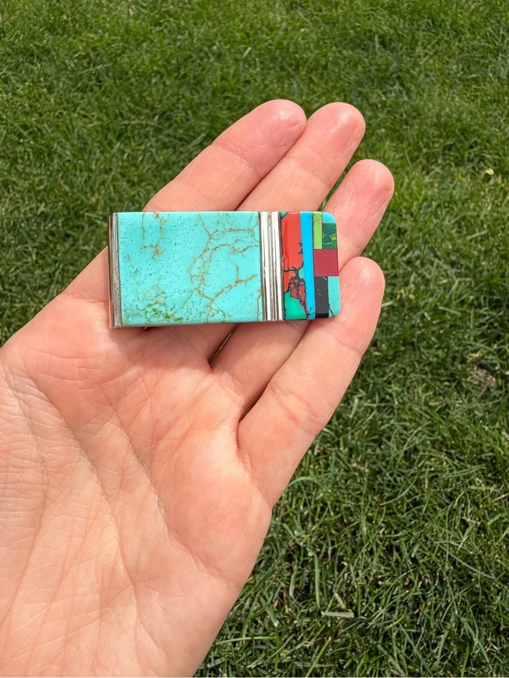 Zuni Handmade Inlay Turquoise Money Clip & Card Holder - signed by artist